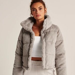 NEW A&F Faux Fur Grey Mini Puffer NWT